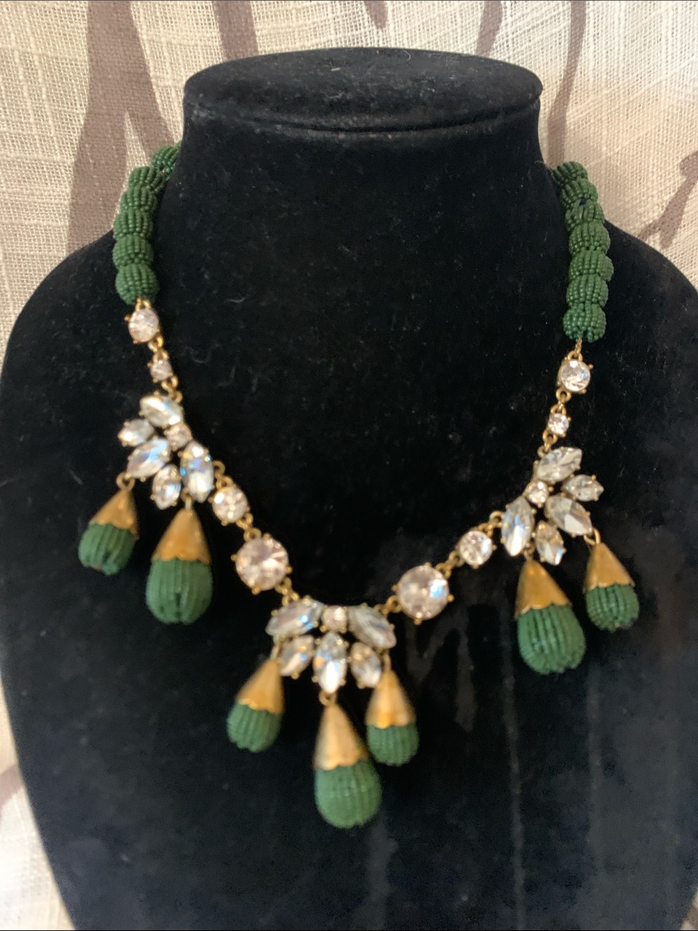 Ann Taylor Green Beaded Necklace with Gold Accents and Crystal Motifs